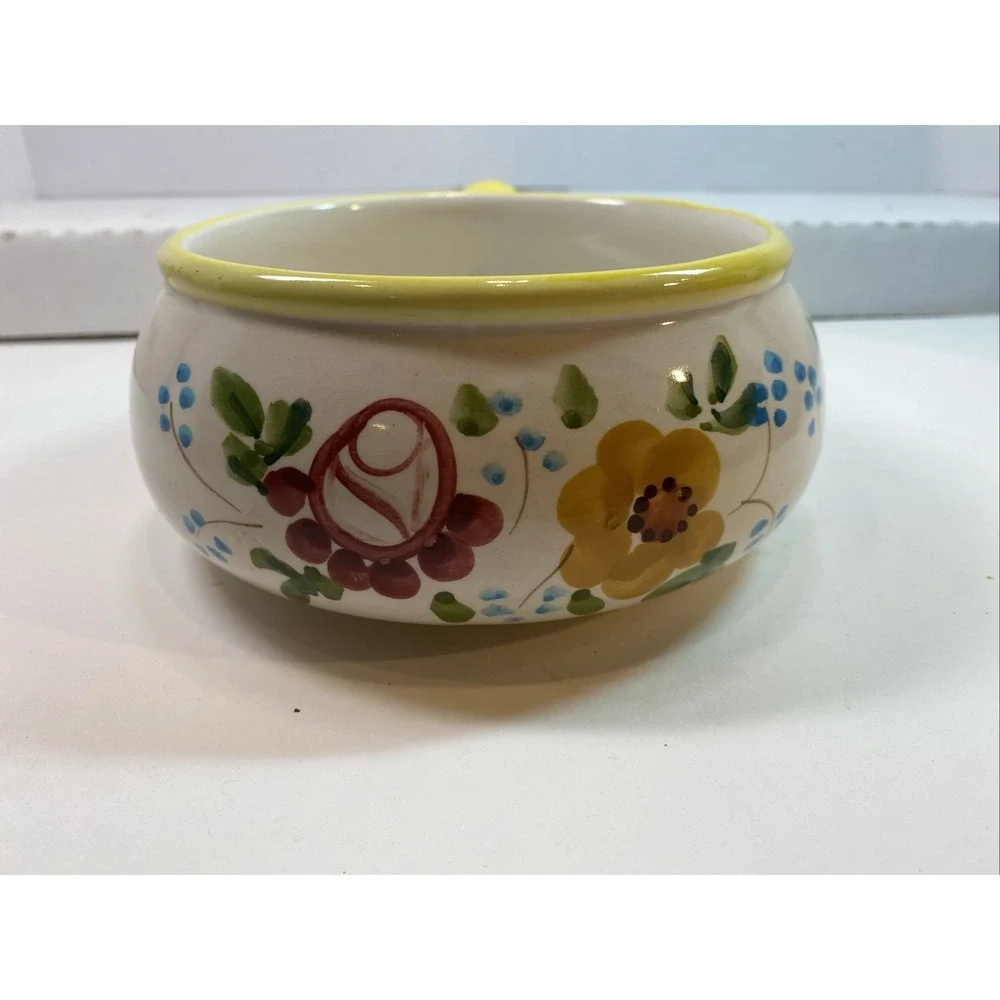 Soup Bowl Crock Handle‎ Hand Painted Portugal FTD Flowers